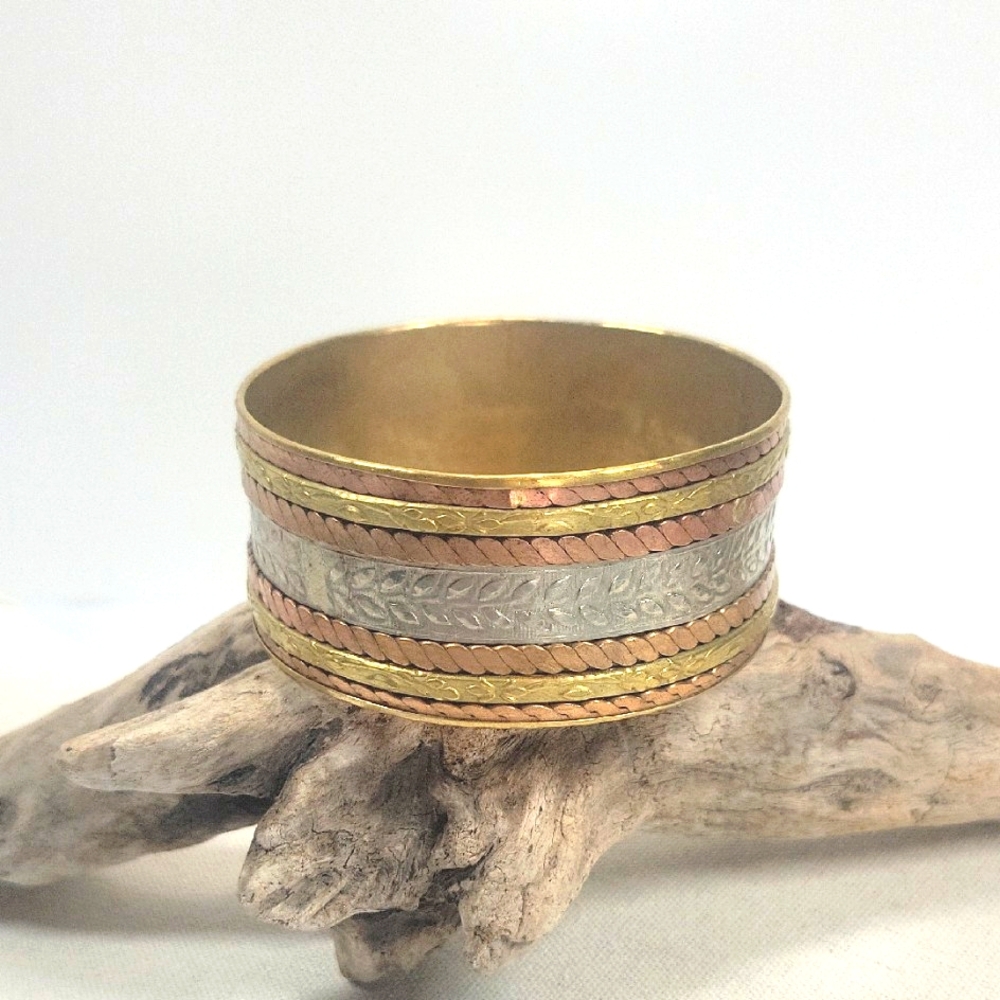 ​Artisan Wide Mixed-Metal Copper Cuff Bracelet Braided Brass Etched Leaf